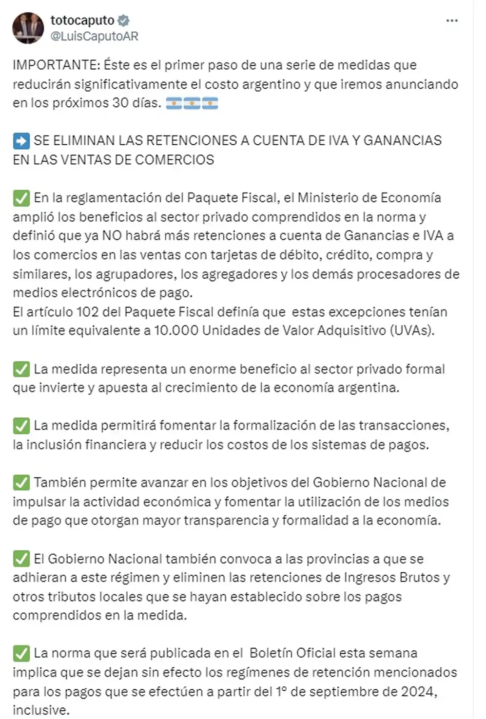 Luis Caputo anunció que comercios pagarán menos por IVA y Ganancias.