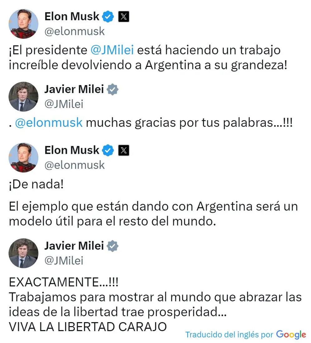 El intercambio de mensajes entre el Presidente Javier Milei y el dueño de Tesla Elon Musk