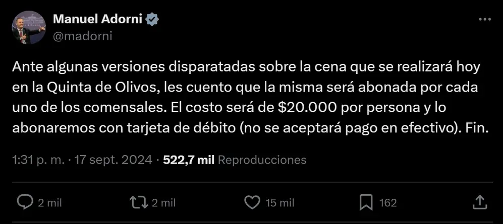 Manuel Adorni confirmó que cada invitado al asado en Olivos deberá abonar como mínimo 20.000 pesos con tarjeta de débito.