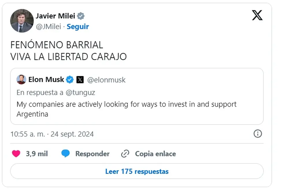 Respuesta de Javier Milei al tuit de Elon Musk.