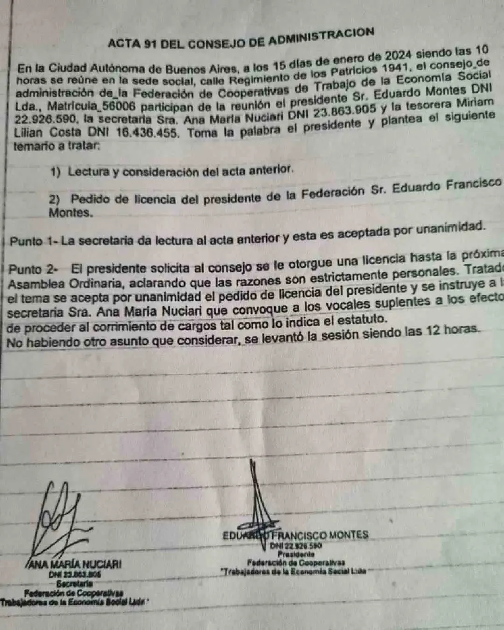 El acta del Consjo de la Administración, firmada por Nuciari y Montes.