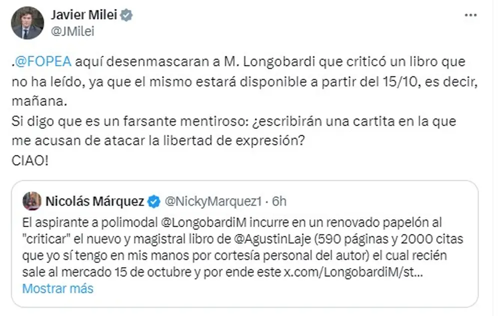 El mensaje de Javier Milei contra Marcelo Longobardi