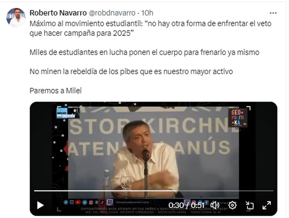 El mensaje de Roberto Navarro sobre el discurso de Máximo Kirchner