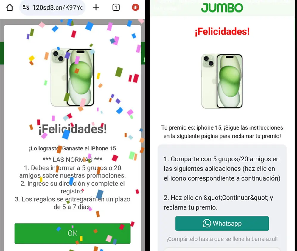 Pantallas finales donde se invita a compartir vía WhatsApp a la mayor cantidad de personas.