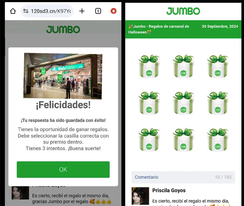 Acceso a un supuesto sorteo, para llevar al usuario a seguir instrucciones para reclamar el premio.