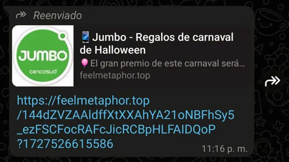 Mensaje inicial del engaño, con un enlace malicioso.