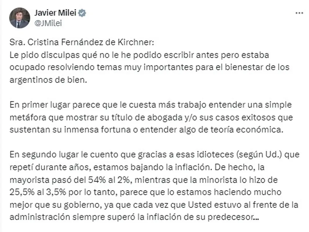 Parte de la carta que Javier Milei le escribió a Cristina Kirchner