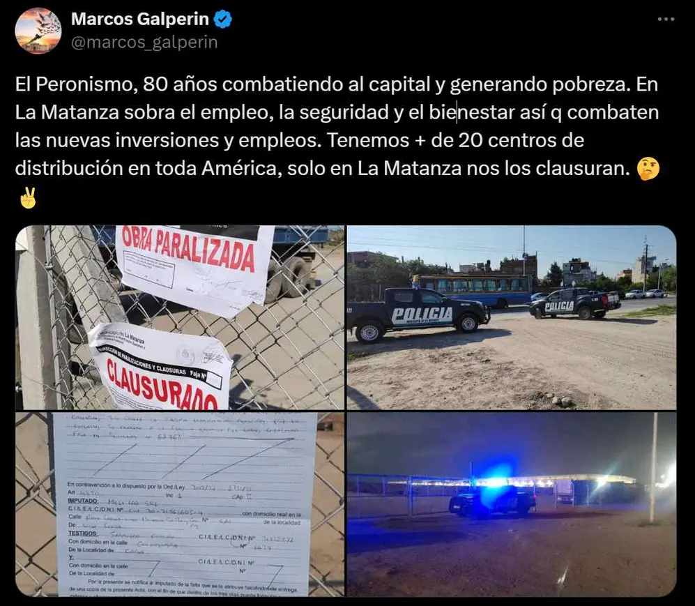 Marcos Galperín hizo eco de la inhabilitación de Mercado Libre en La Matanza, mediante X.