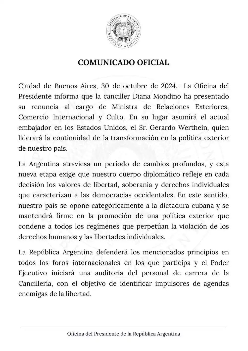 El comunicado del Gobierno que ratifica la salida de Diana Mondino