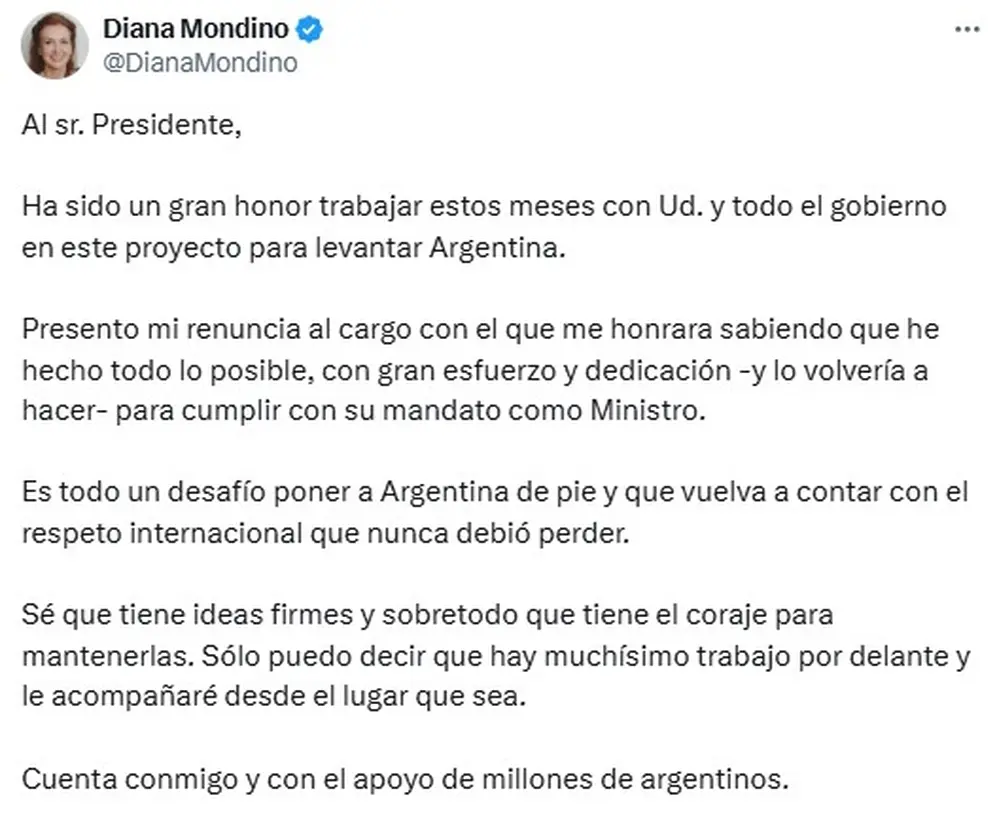 El mensaje de Diana Mondino a Javier Milei tras su salida de Cancillería