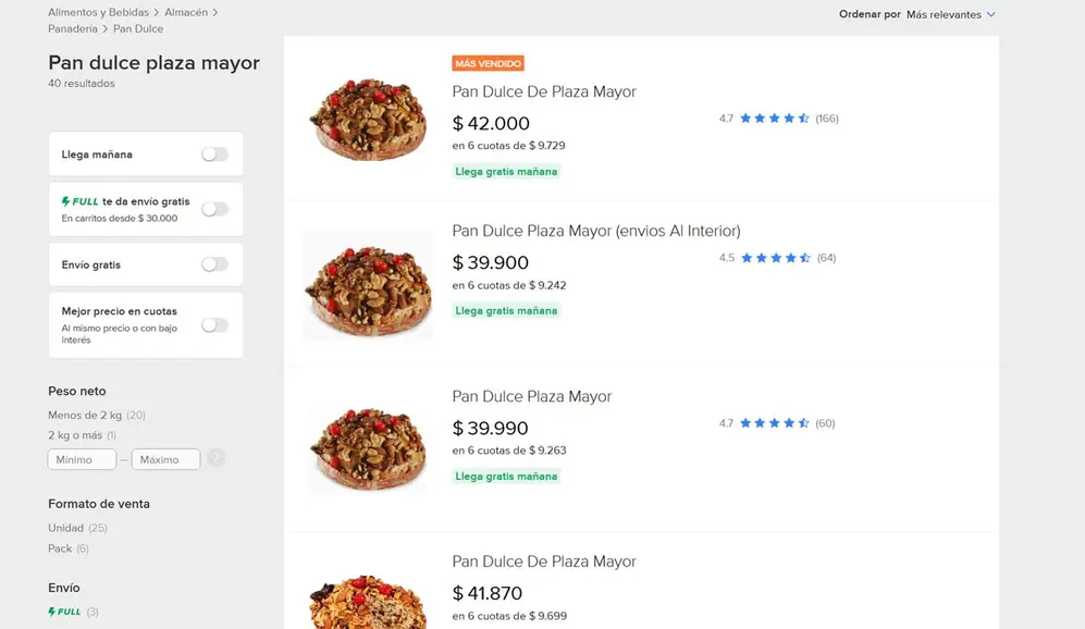 Algunas de las ofertas de pan dulce de Plaza Mayor en Mercado Libre.