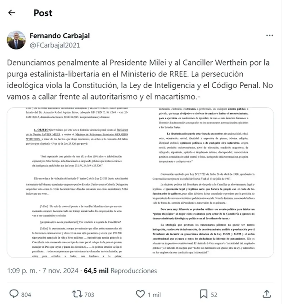 Fernando Carbajal denunció penalmente Milei y Werthein por la purga en Cancillería