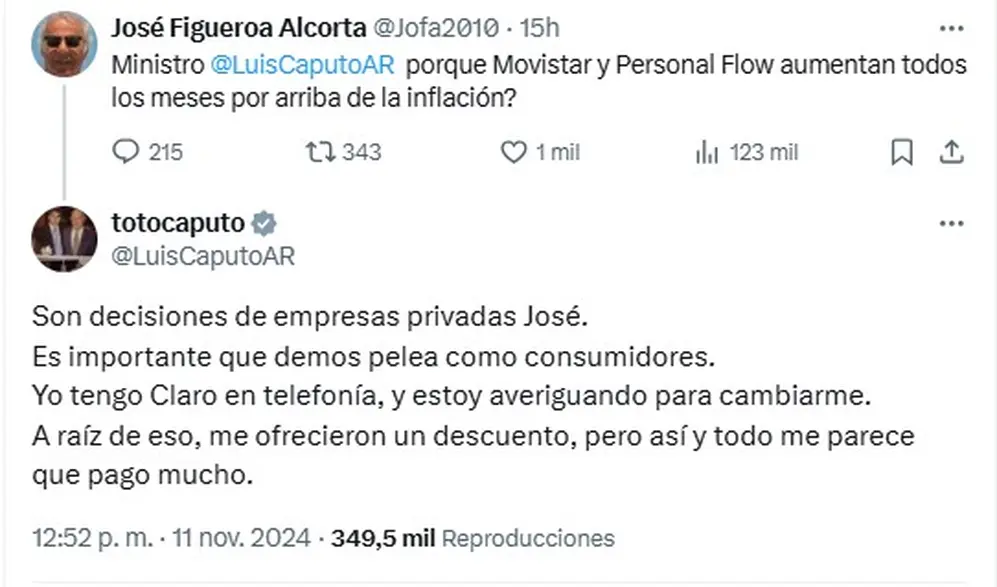 La queja de Luis Caputo por el precio de la telefonía celular