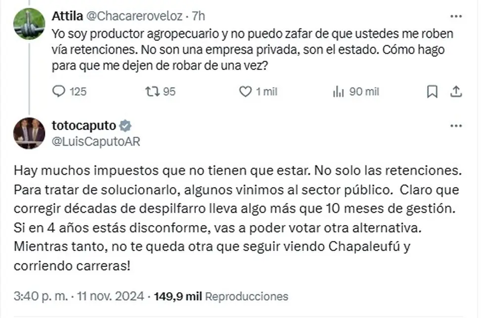 El mensaje de Luis Caputo a un productor agropecuario