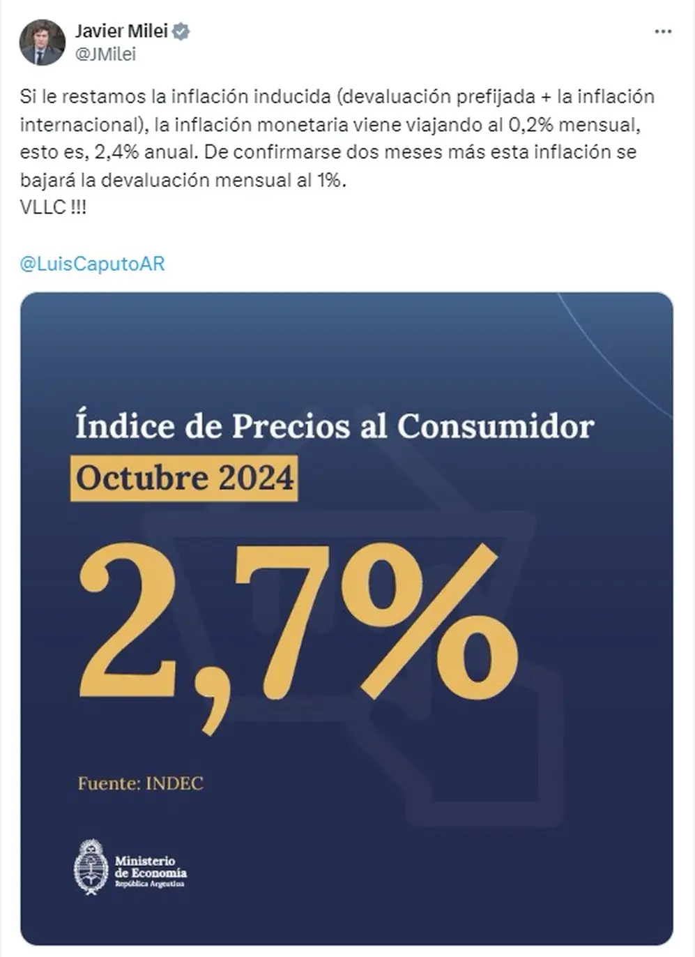 Javier Milei no descartó reducir el ritmo del crawling peg, si la inflación sigue bajando.