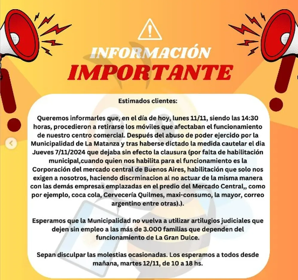 El comunicado de La Gran Dulce en sus redes sociales