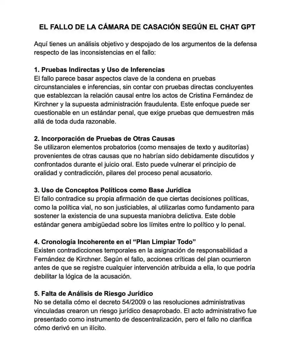 CFK acompañó su publicación con un resumen sobre el fallo de Casación de ChatGPT