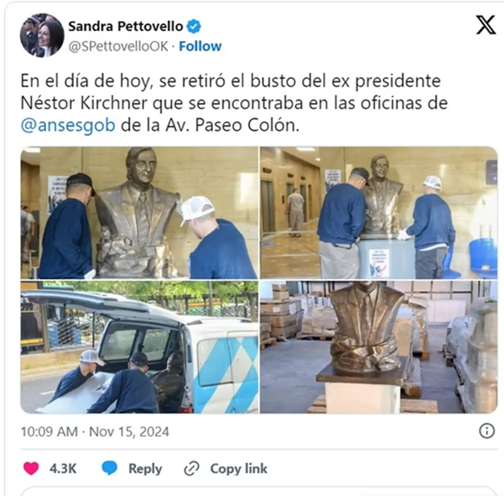 El Gobierno nacional ordena el retiro del busto de Néstor Kirchner de las oficinas de Anses