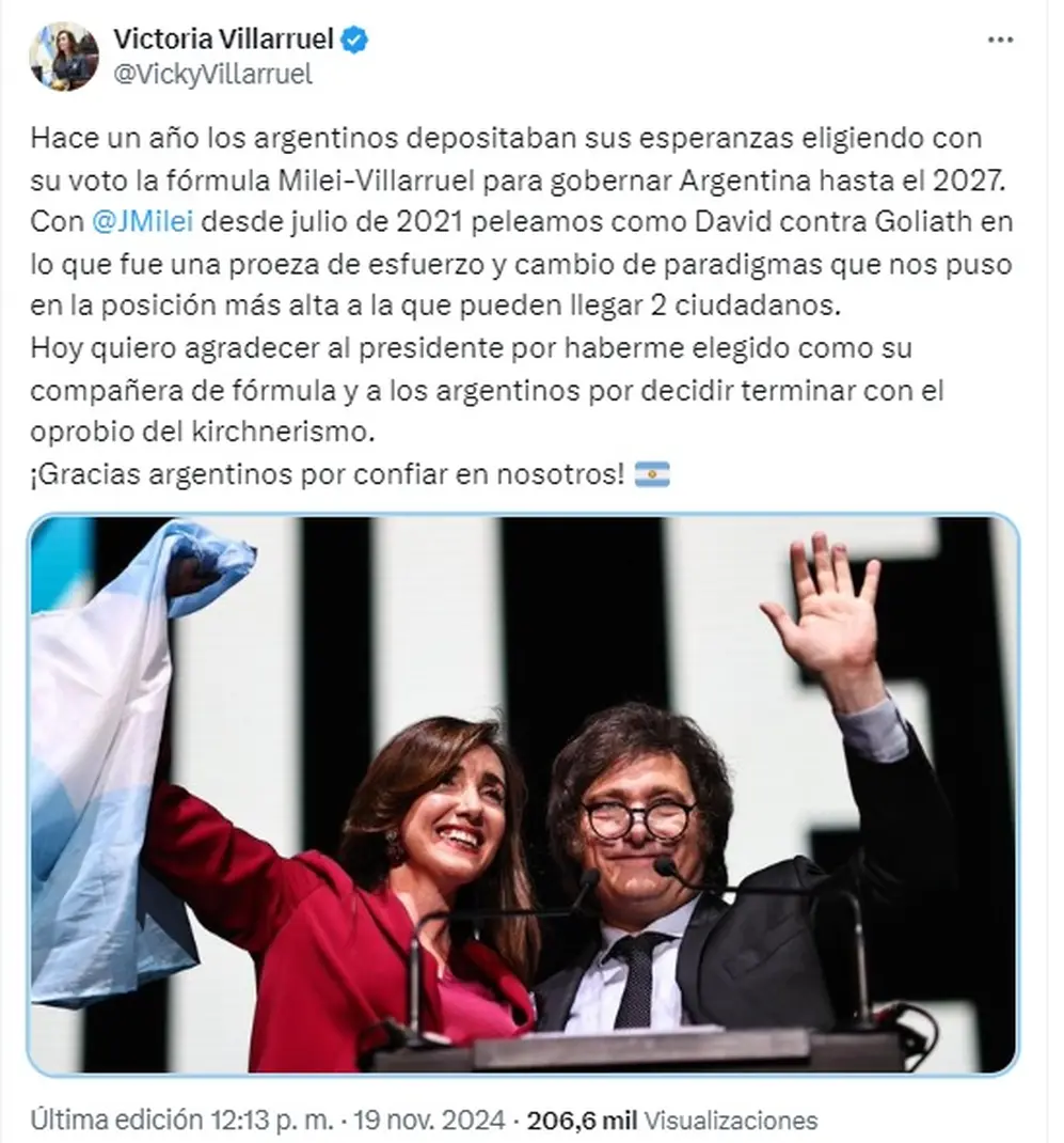 El mensaje de Victoria Villaruel a un año del triunfo de Javier Milei en el balotaje