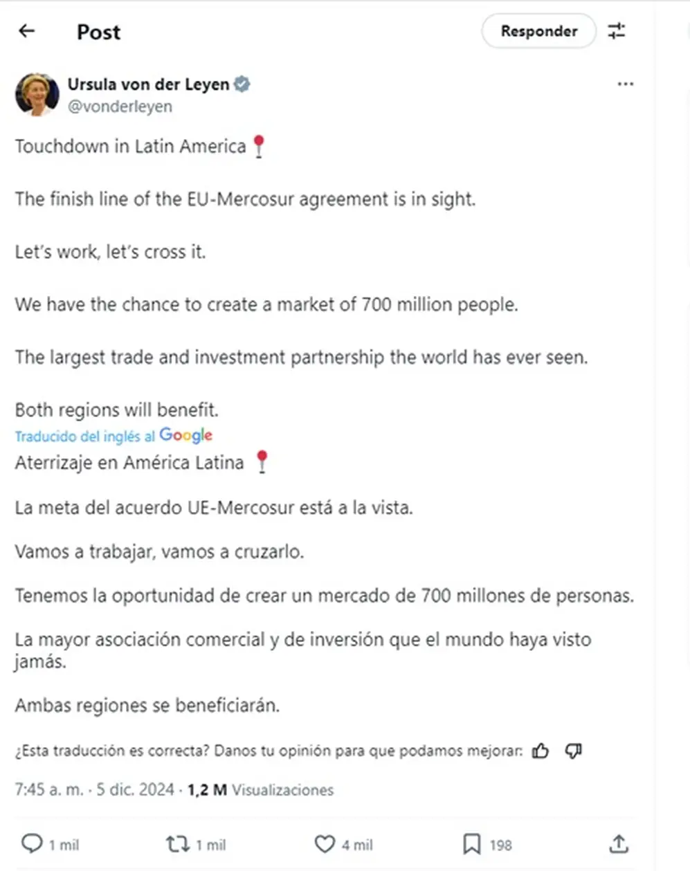 Ursula Von der Leyen enfatizó la magnitud del acuerdo en términos económicos