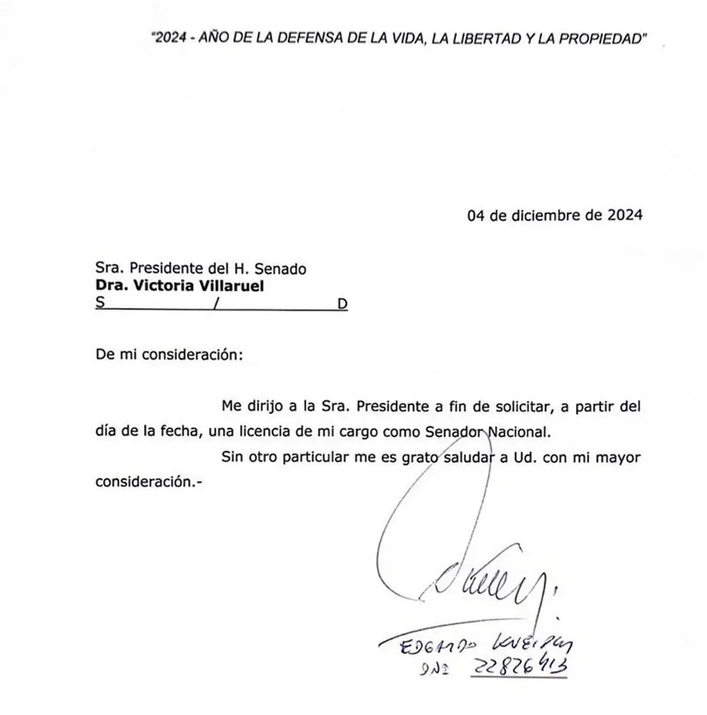 La carta de Edgardo Kueider a Victoria Villarruel