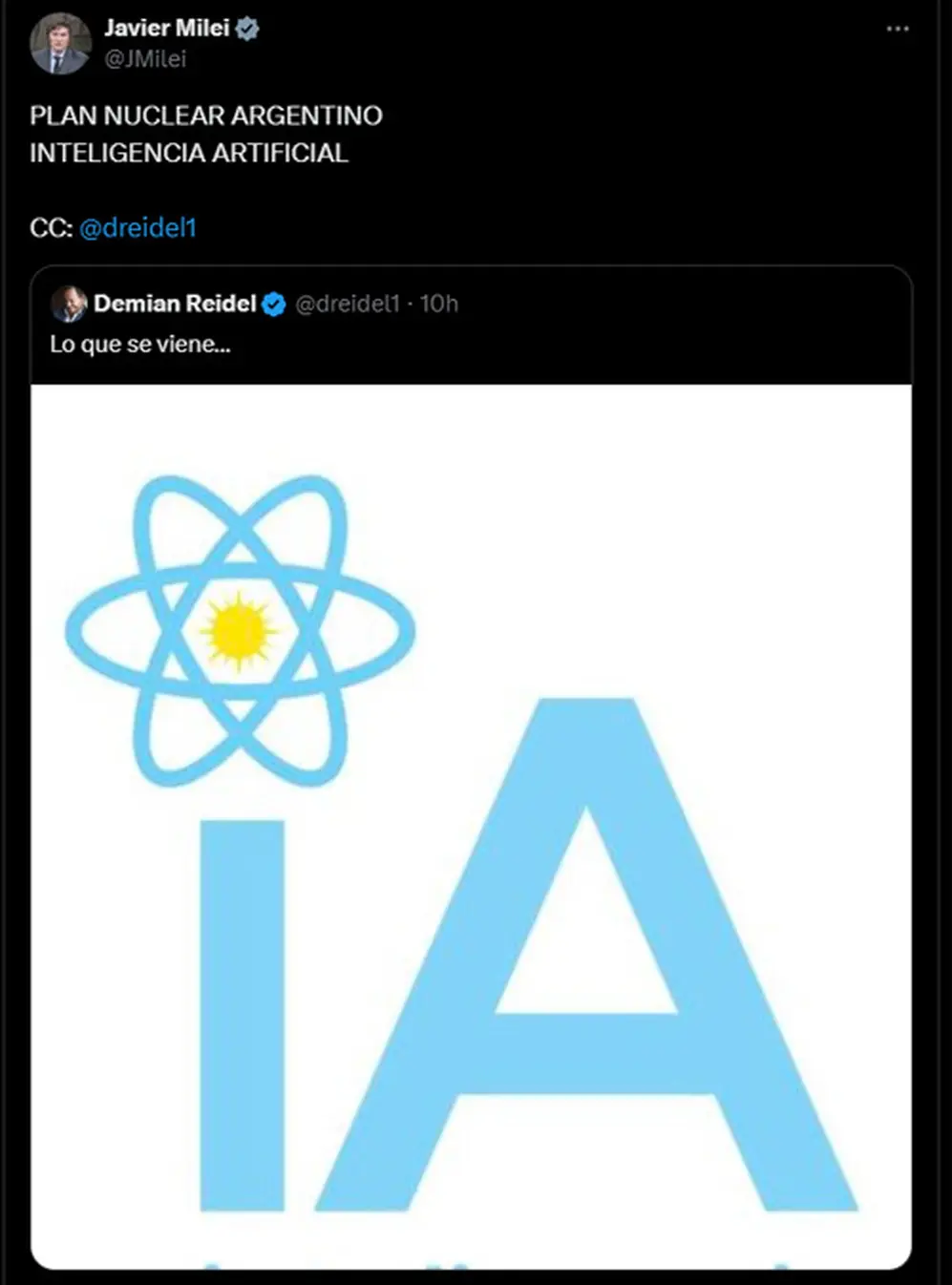 Tuit de Javier Milei sobre el plan nuclear y de inteligencia artificial