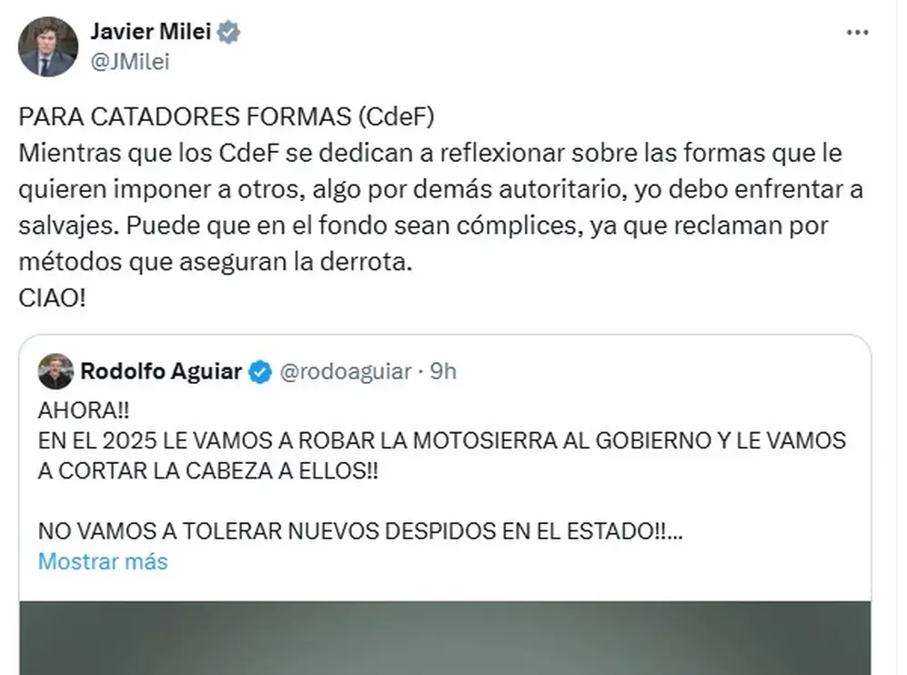 El mensaje de Javier Milei contra Rodolfo Aguiar
