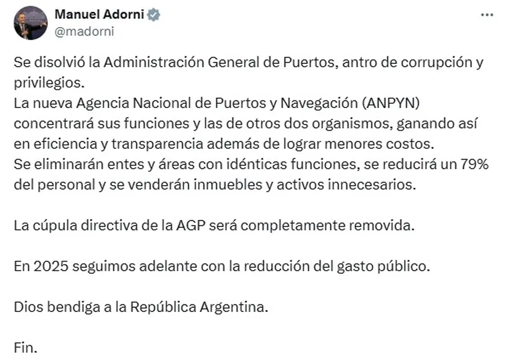 El mensaje de Manuel Adorni sobre la disolución de la AGP