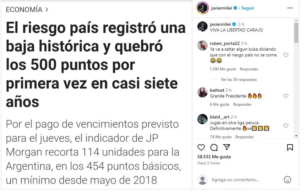 El mensaje de Javier Milei en redes, al referirse a la fuerte baja del riesgo país