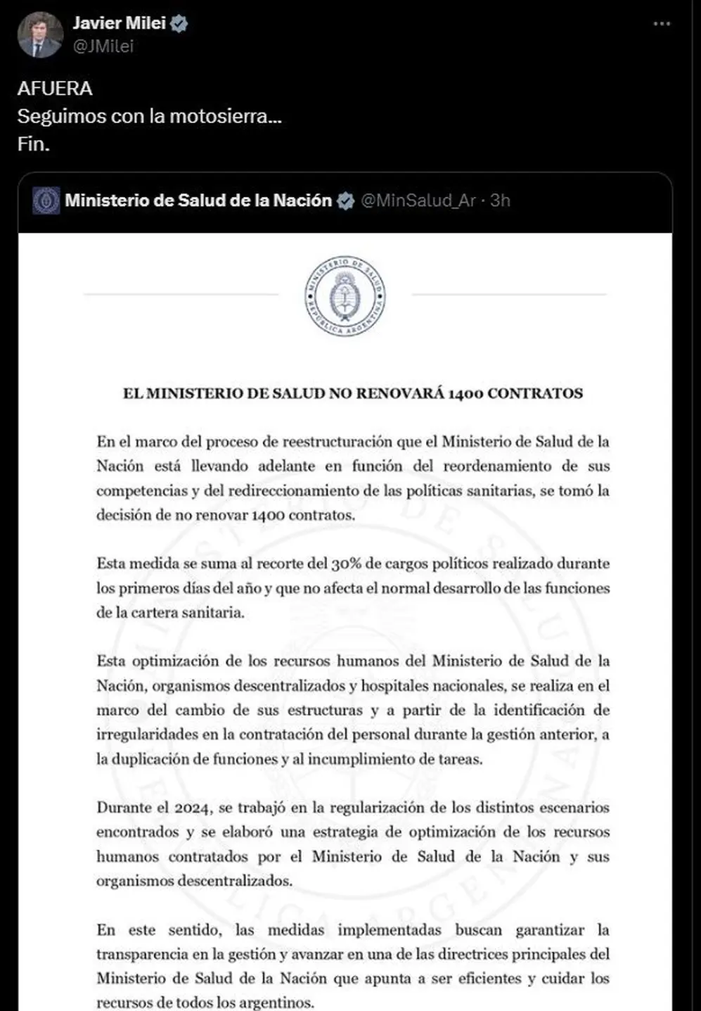El mensaje de Javier Milei tras el anuncio de Salud