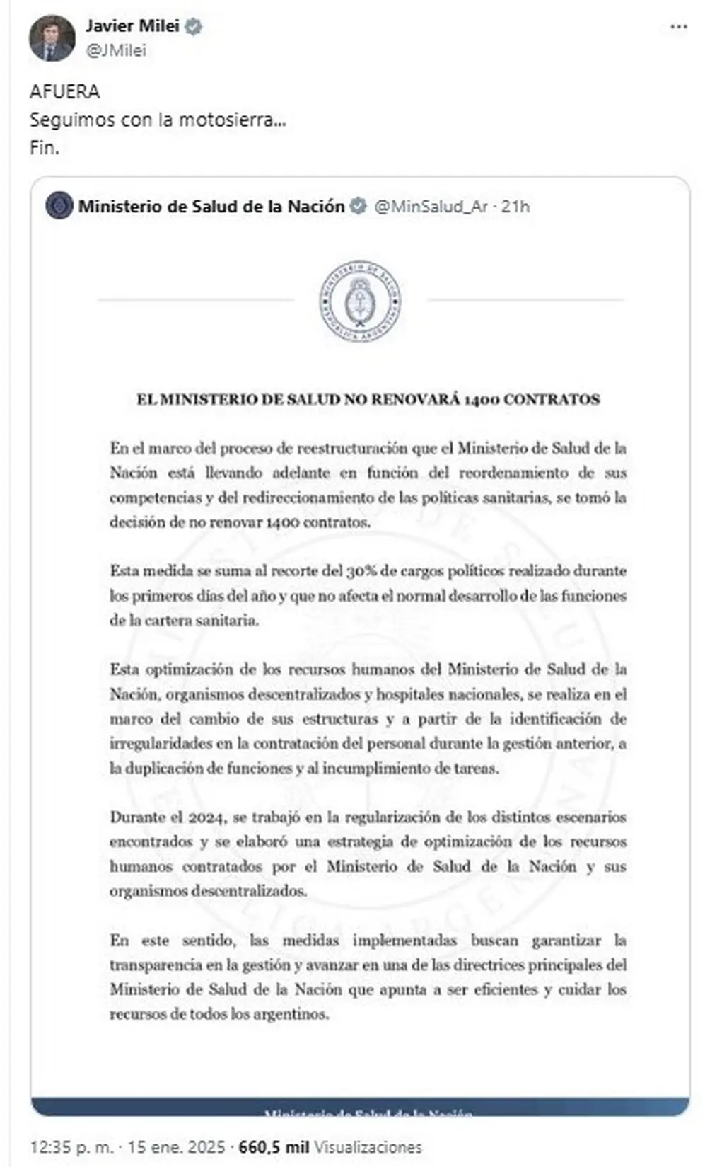 El tuit de Javier Milei sobre las últimas medidas