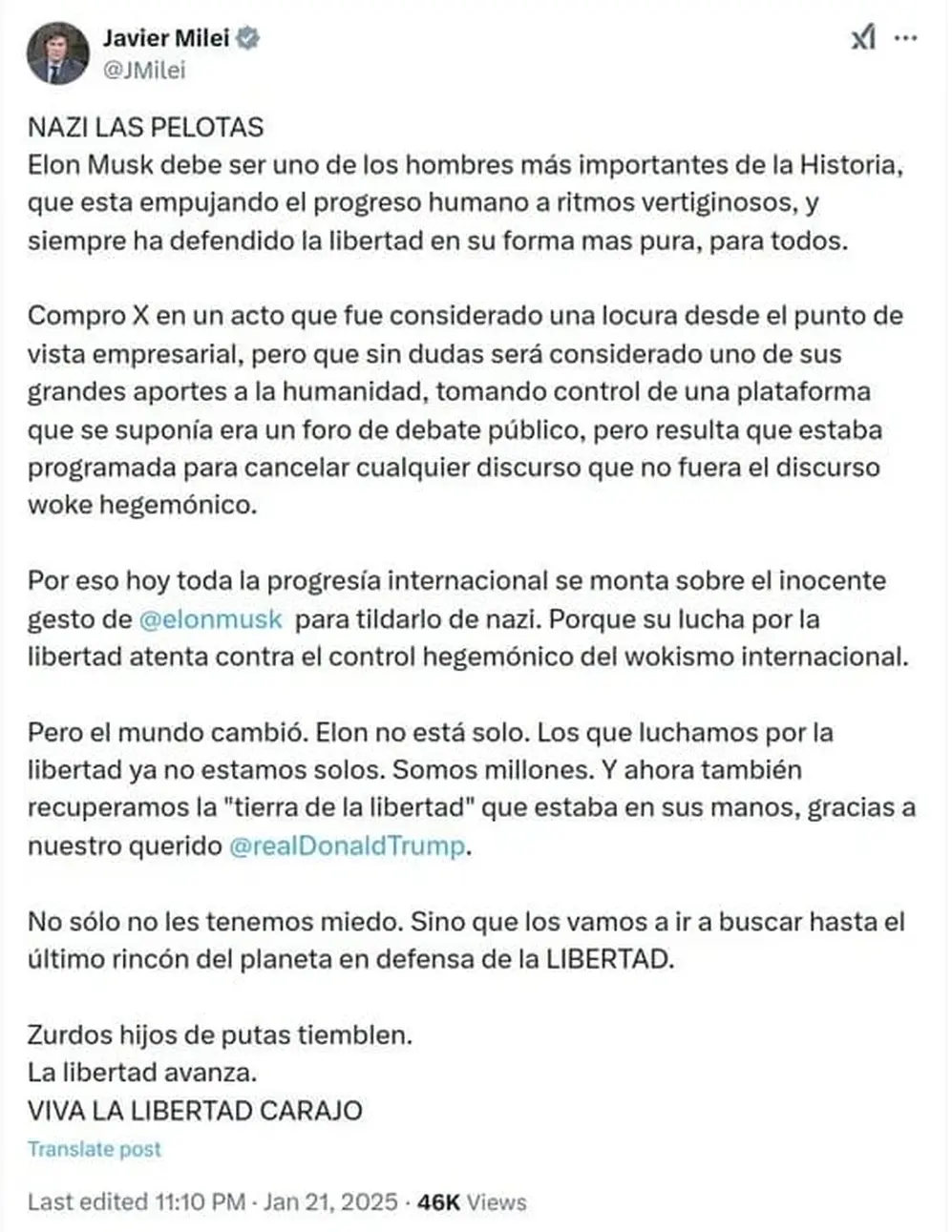 Javier Milei defendió a Elon Musk
