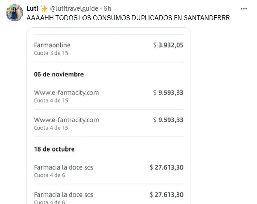 Una usuaria mostró en redes cómo le aparecían los consumos duplicados