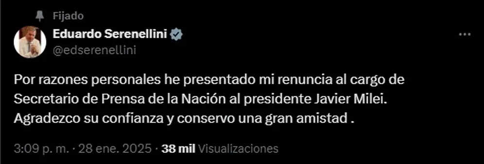 El mensaje en la red social X publicado por Eduardo Serenellini