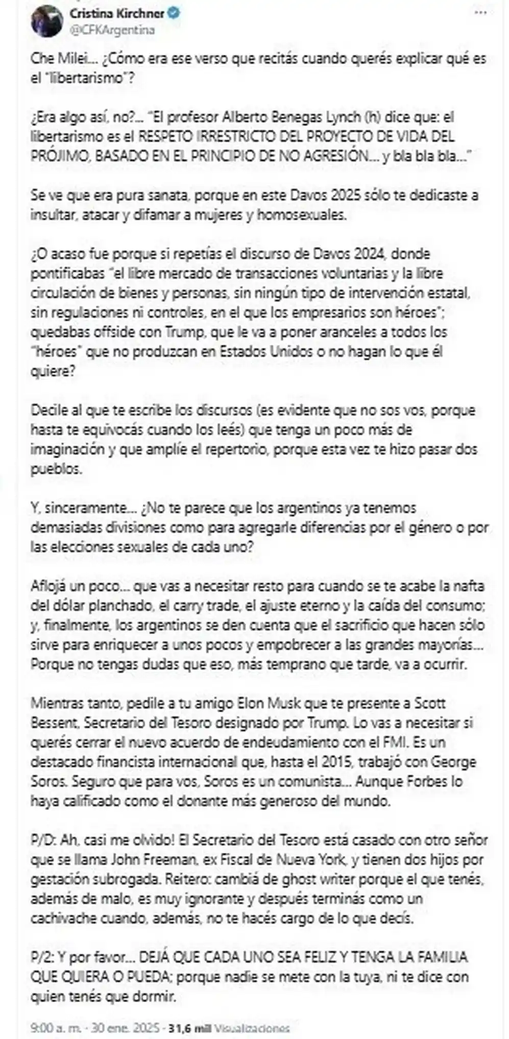 El extenso tuit de CFK contra Milei