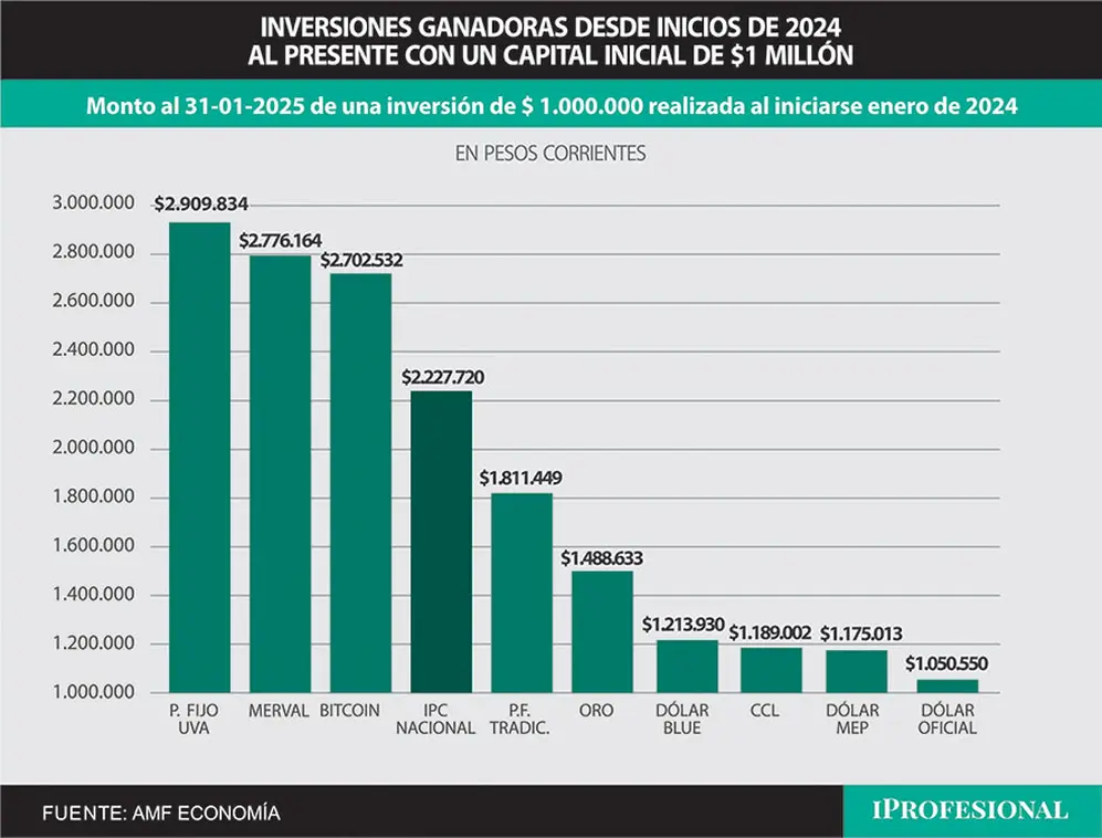Desde inicios de 2024, las inversiones más ganadoras fueron plazo fijo UVA, Merval y Bitcoin.