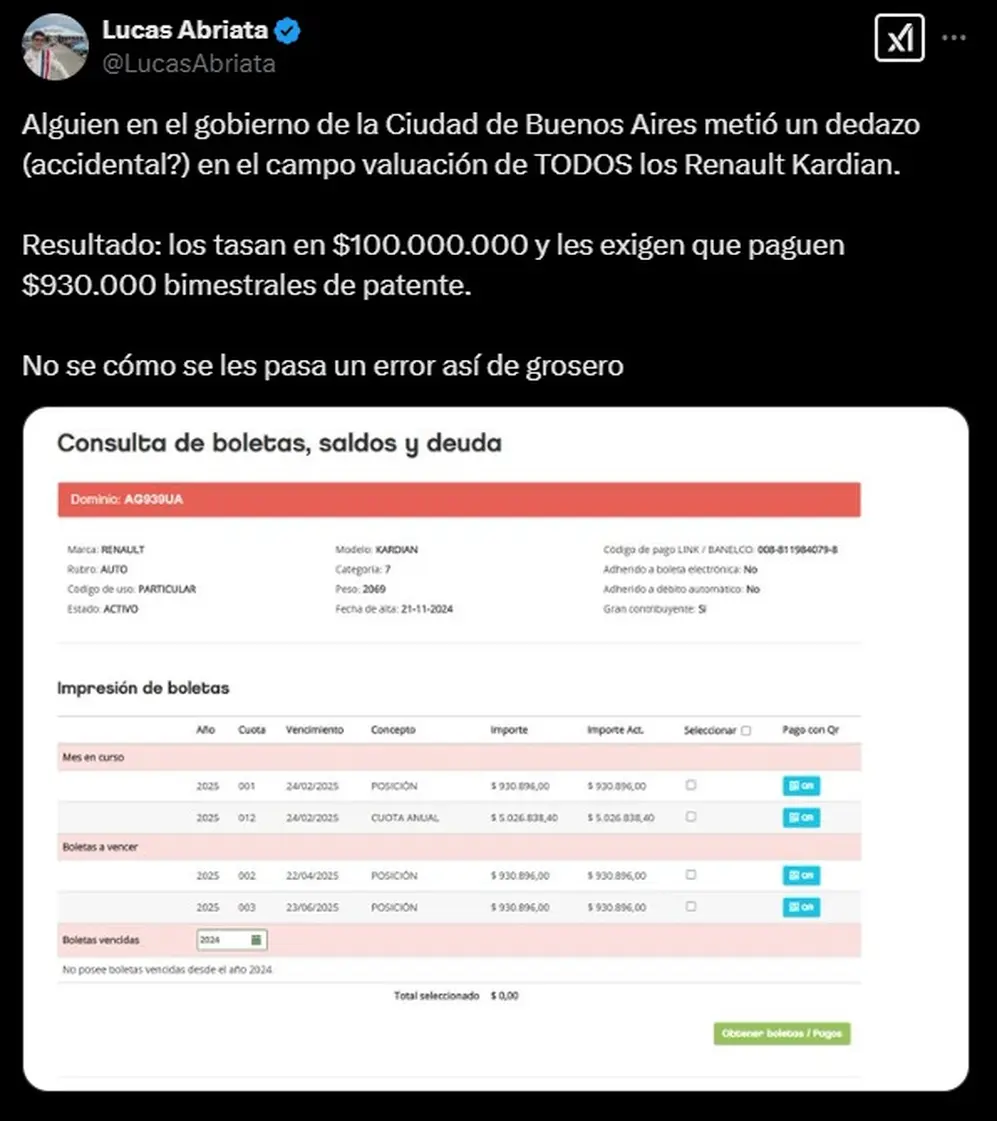 Otro de los mensajes sobre el error en el cálculo de las patentes en Capital