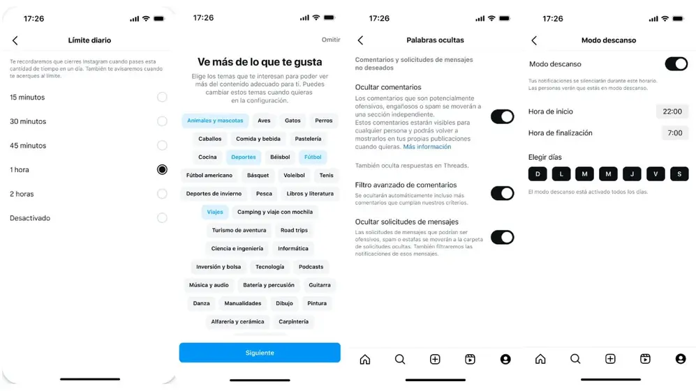 Así se verán las pantallas de configuración en las cuentas de adolescentes