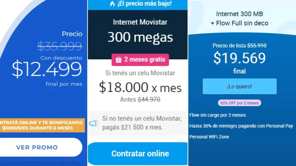 Los abonos de Telecentro, Movistar Fibra y Personal, para tener internet de 300MB