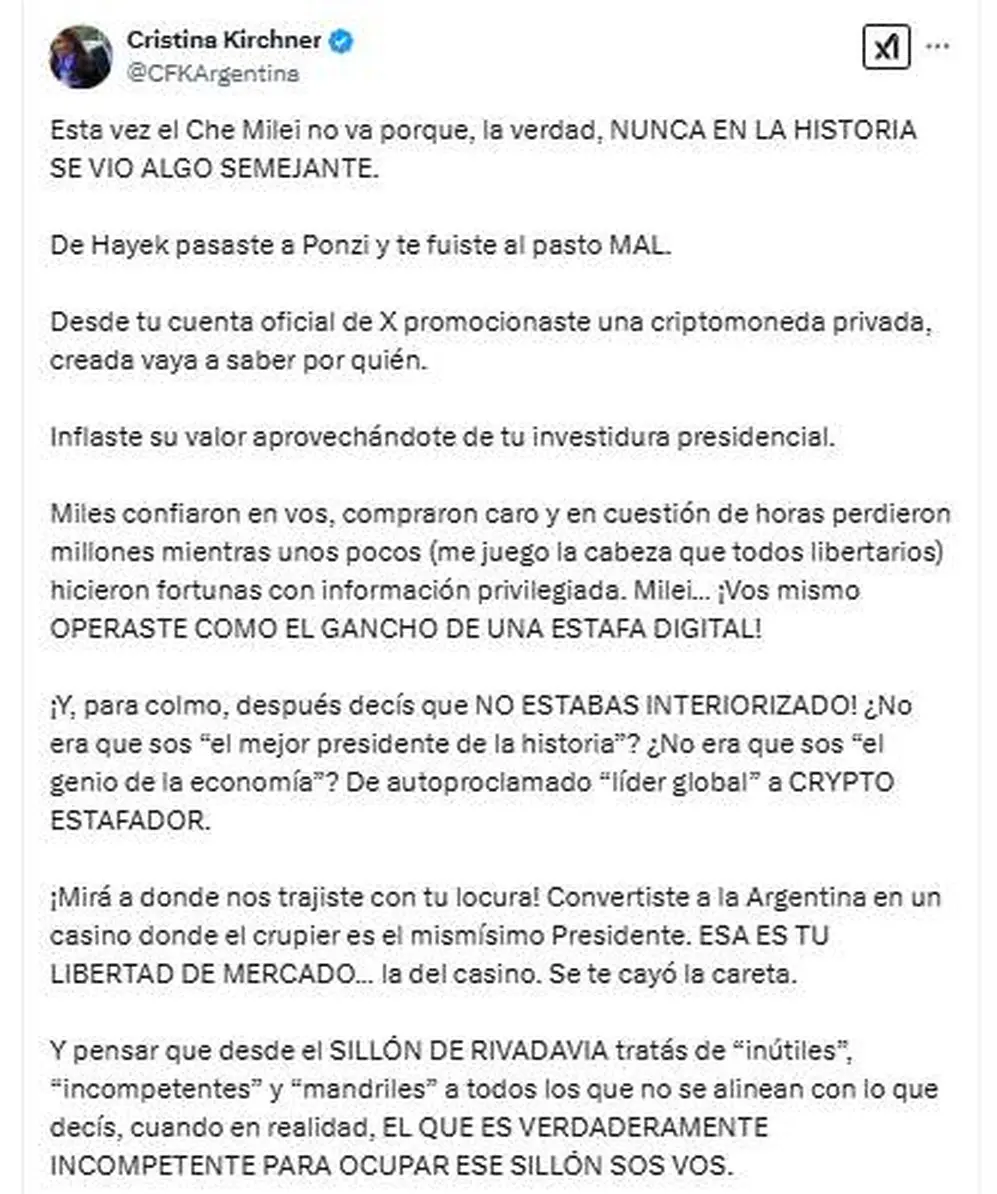 El posteo de Cristina Kirchner contra Milei