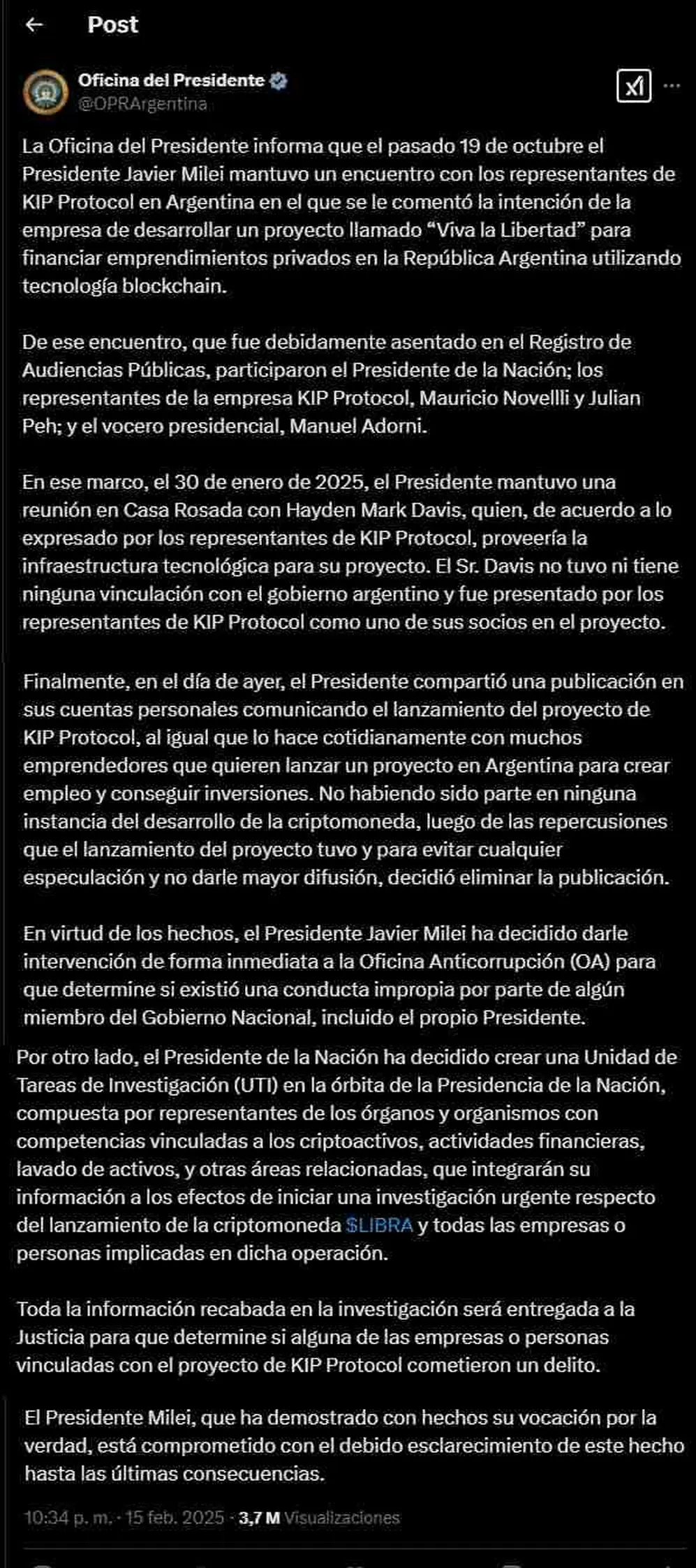 El tuit de la oficina presidencial.