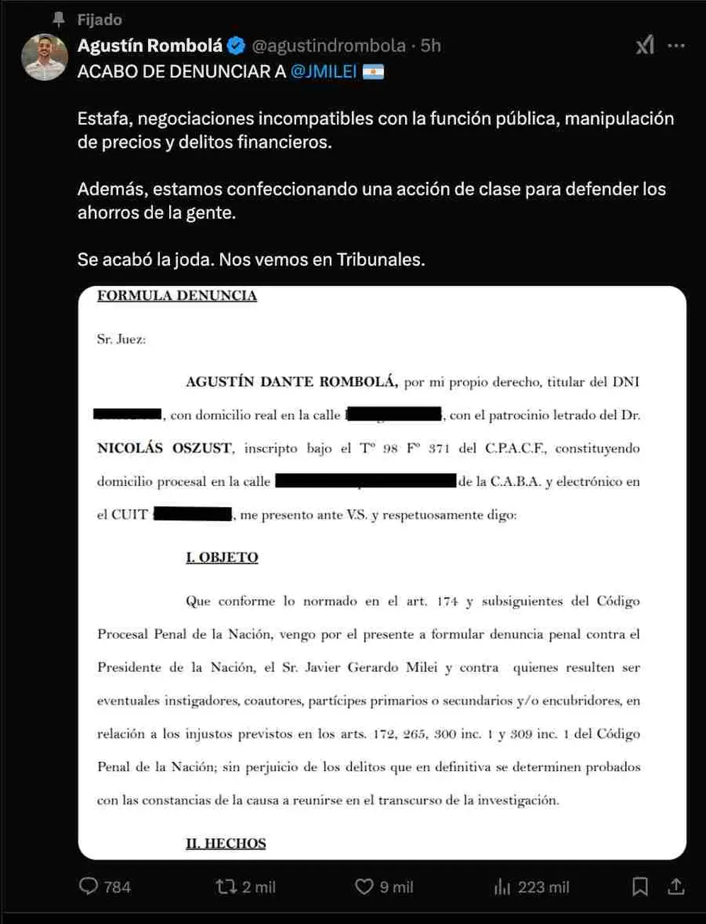 Agustín Rombolá compartió la denuncia contra Javier Milei en X