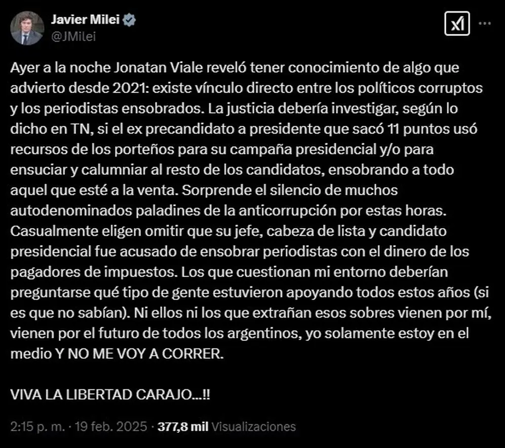 El mensaje de Javier Milei contra los 