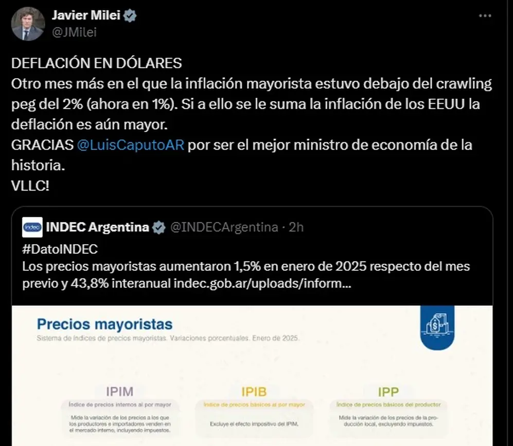 El mensaje de Javier Milei sobre el dato de inflación mayorista