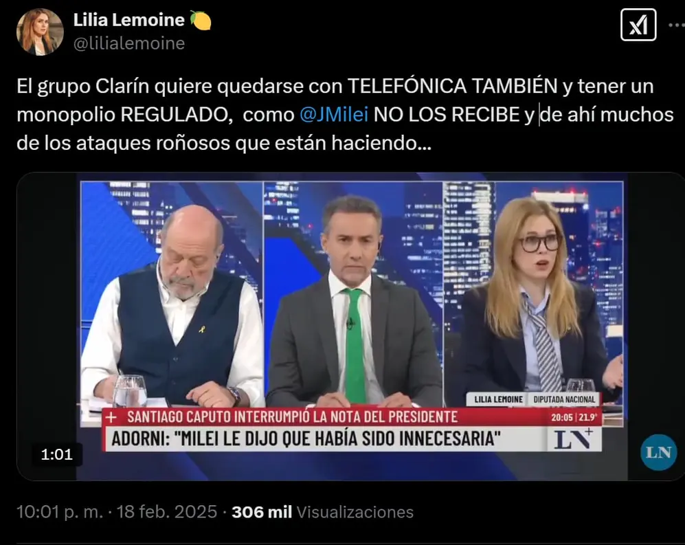 Lilia Lemoine aseguró que el Grupo Clarín ataca al Gobierno para quedarse con Telefónica.