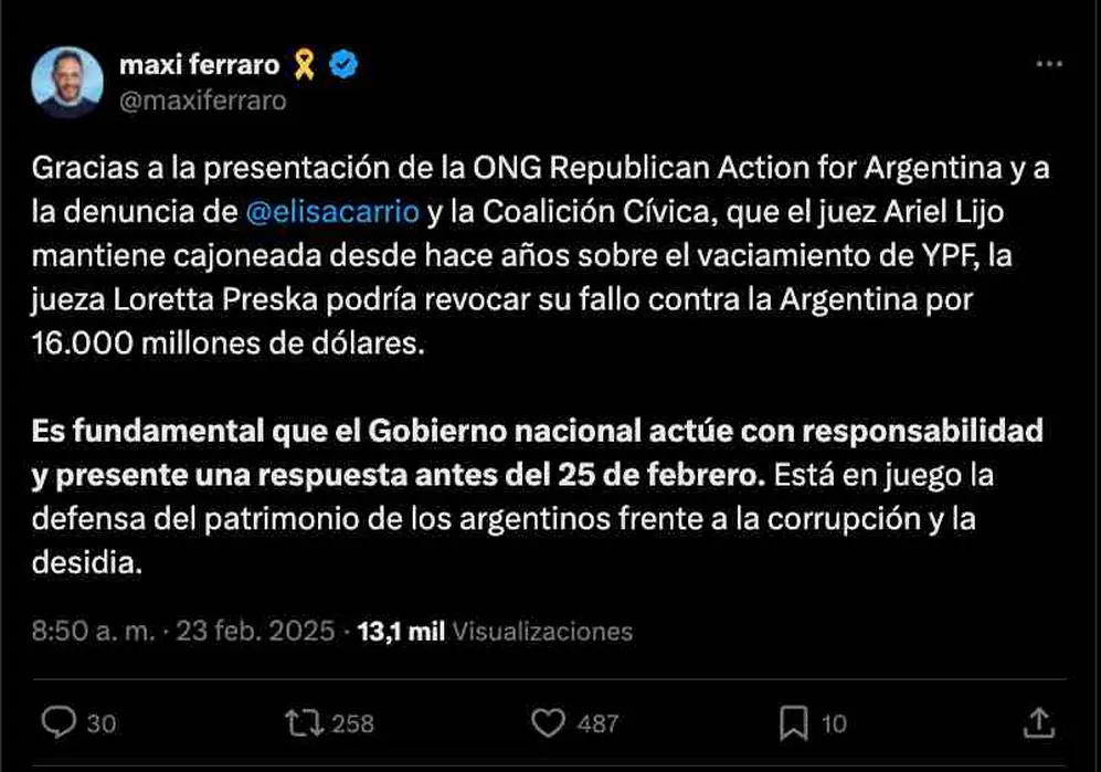 El presidente Coalición Cívica ARI, Maximiliano Ferraro, pidió que el Gobierno actúe con celeridad