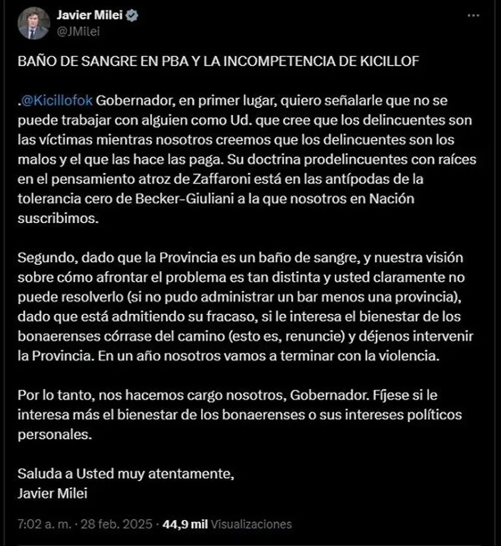 El tuit de Javier Milei contra Axel Kicillof 