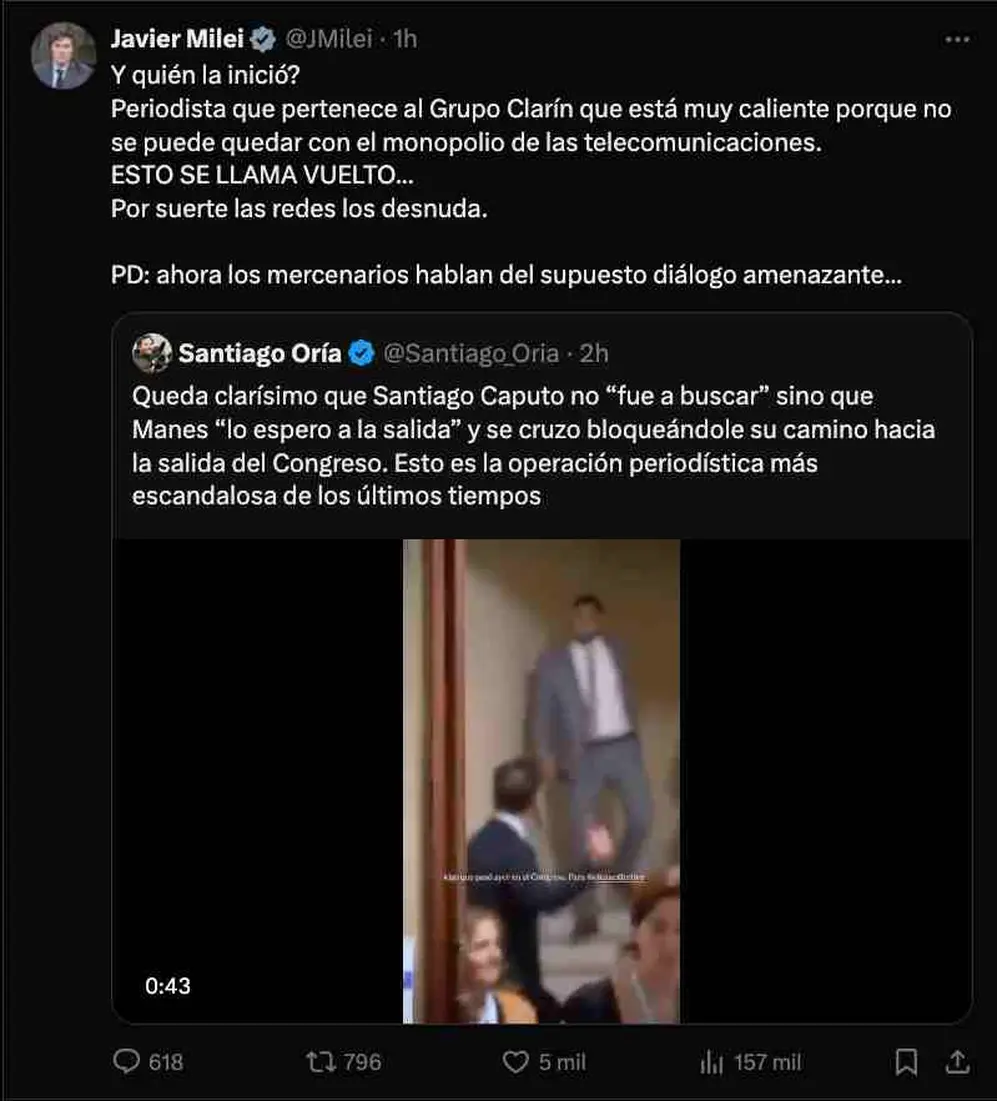 Milei defendió nuevamente a su asesor y acusó al Grupo Clarín 