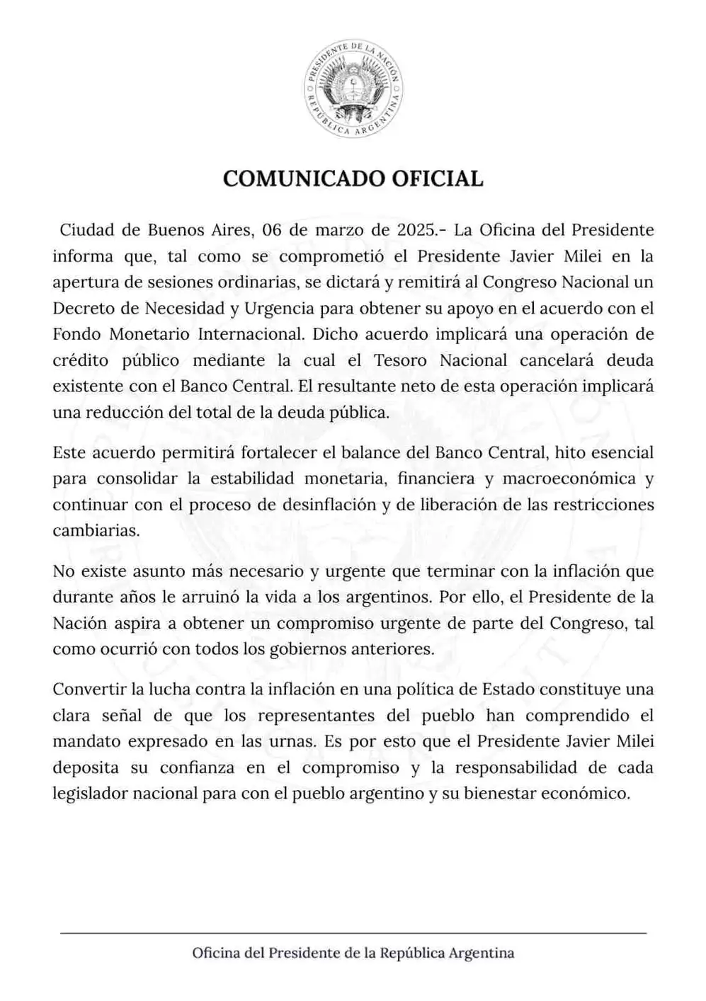 El comunicado del Gobierno, sobre el envío al Congreso del DNU para aprobar un acuerdo con el FMI
