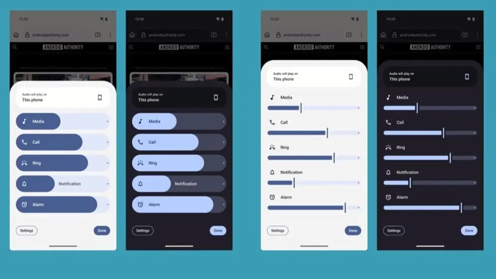 Controles de audio en Android 15 (a la izquierda) y Android 16.